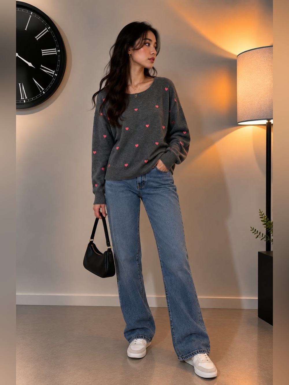 Lisa Todd Charcoal Crewneck Cotton Cashmere Blend Sweater with Pink Heart Motif